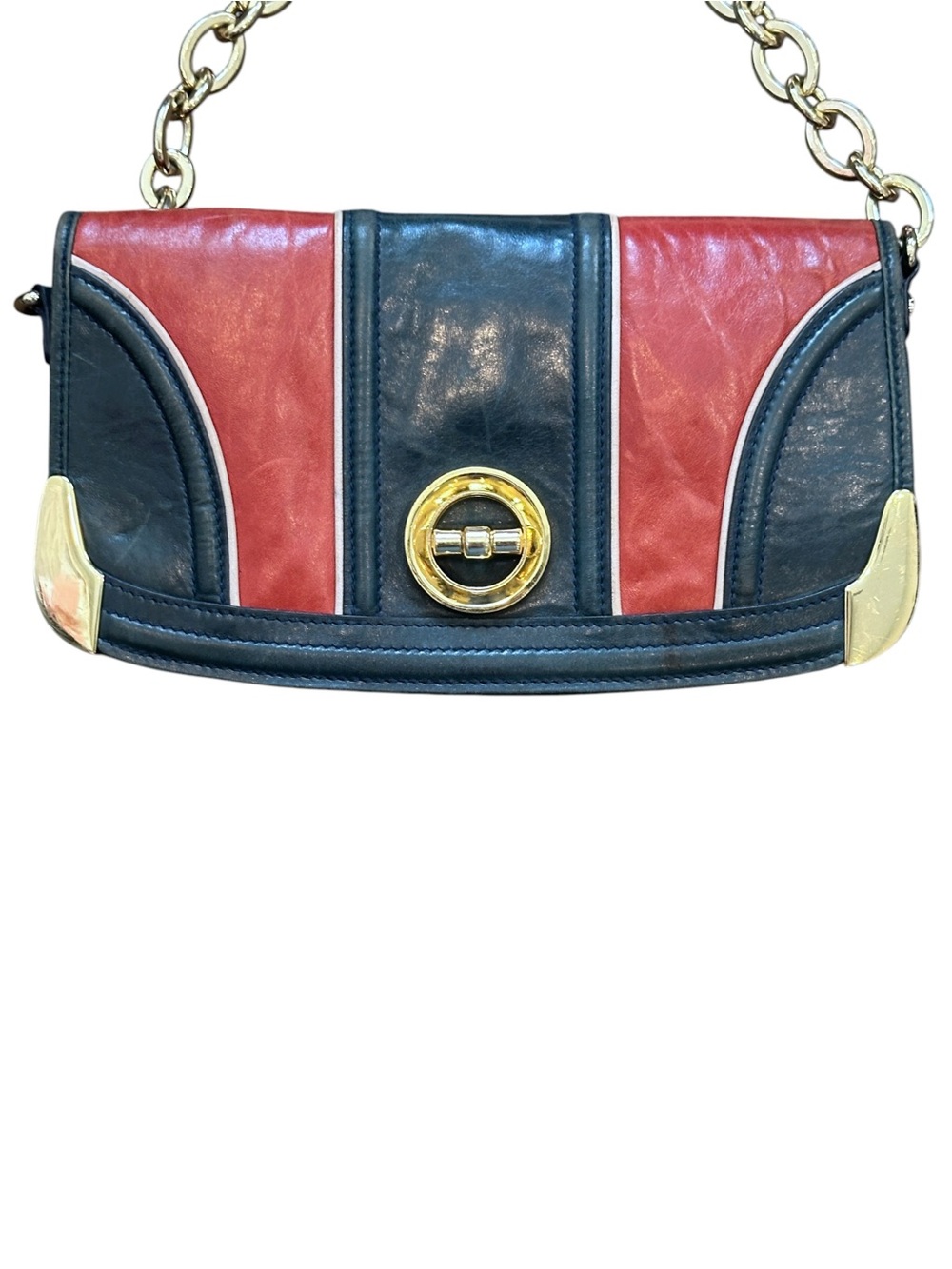 VTG Y2K Milly Racing Stripe Leather Chain Strap Turn Lock Shoulder Bag Navy/Red - Picture 2 of 6
